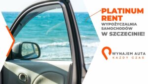 Samochód z otwartymi drzwiami przy plaży, idealny na wynajem krótkoterminowy Szczecin.