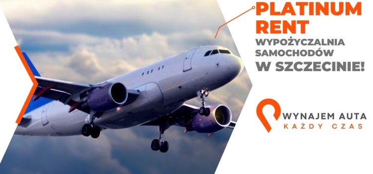 Samolot w locie nad chmurami obok reklamy car rental w Szczecinie.
